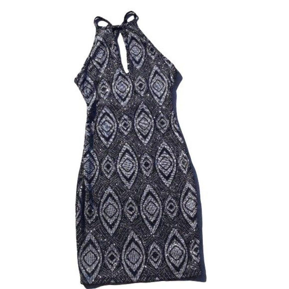 Iris Dress Choker Bodycon Peekaboo Deep V Cutout Back Metallic Geo Black Sz M